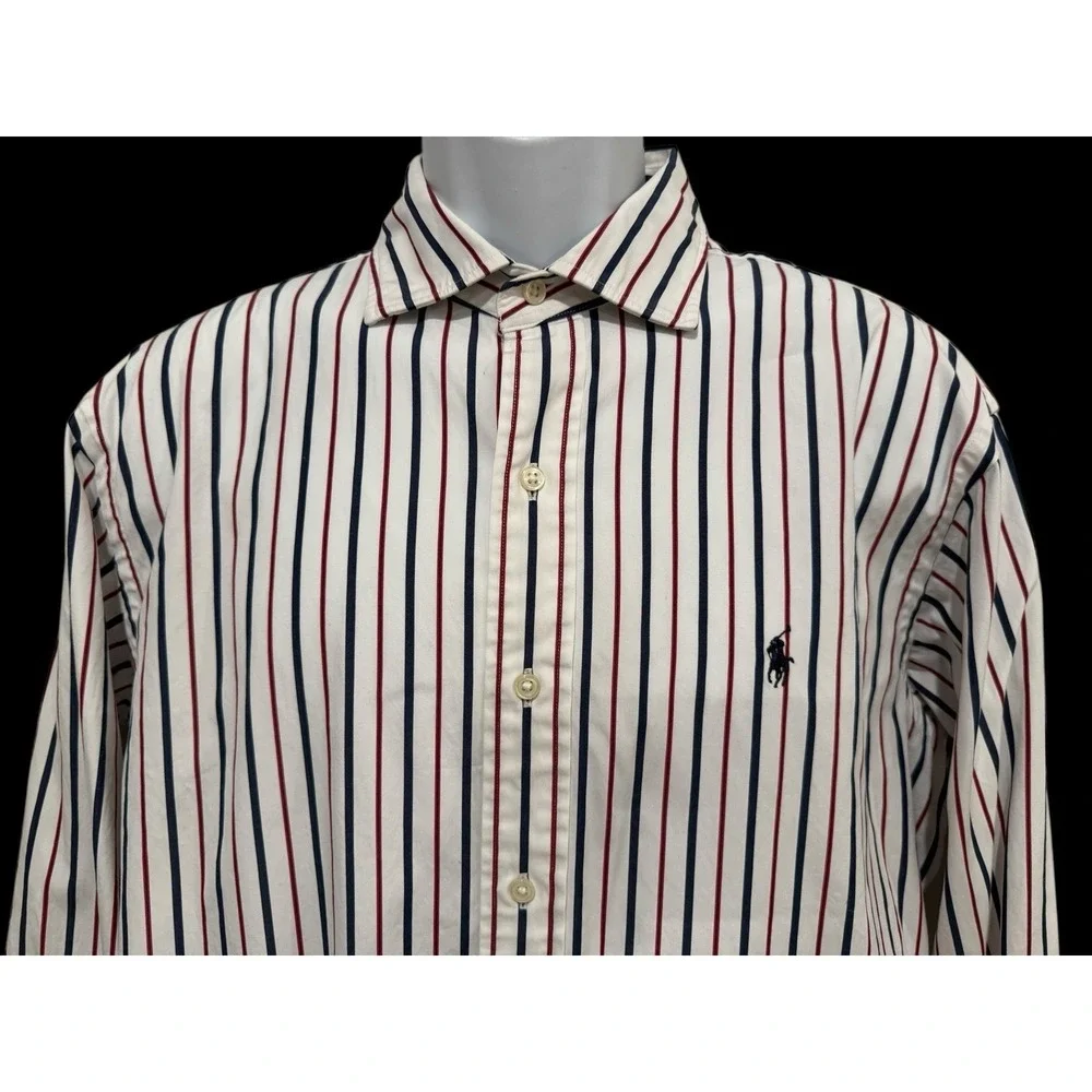 Ralph Lauren Men Shirt L WESTERTON Classic White Blue Red Pinstripe‎ Blue Pony